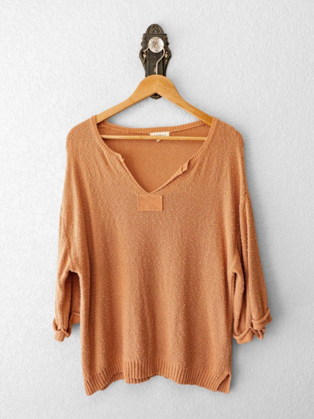 Promesa Brown Textured Knit Split V-Neck Sweater Women's M Cuffed Sleeve Boho